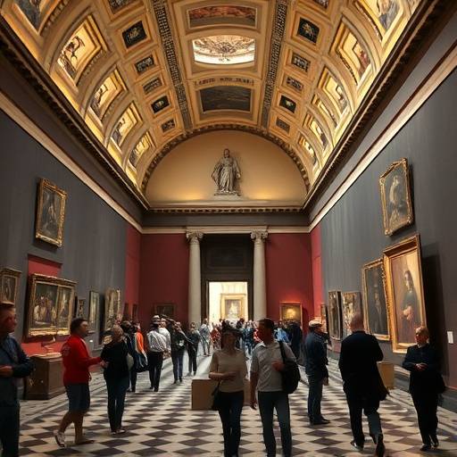 Interno della Galleria degli Uffizi a Firenze, con visitatori che ammirano le opere d'arte