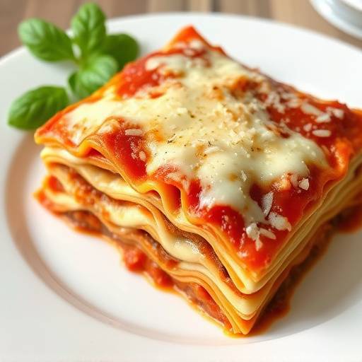 Piatto di lasagna al forno con strati di pasta, rag&ugrave;, besciamella e parmigiano gratinato