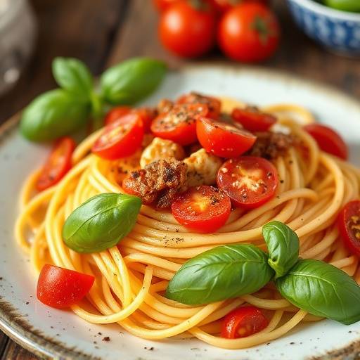 Un piatto di pasta fresca fatta in casa con pomodoro e basilico