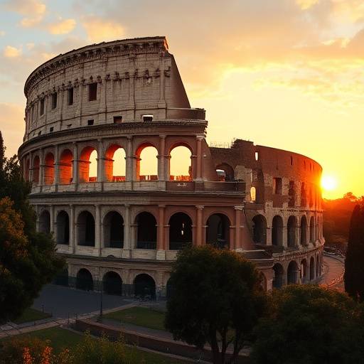 Veduta panoramica del Colosseo a Roma al tramonto